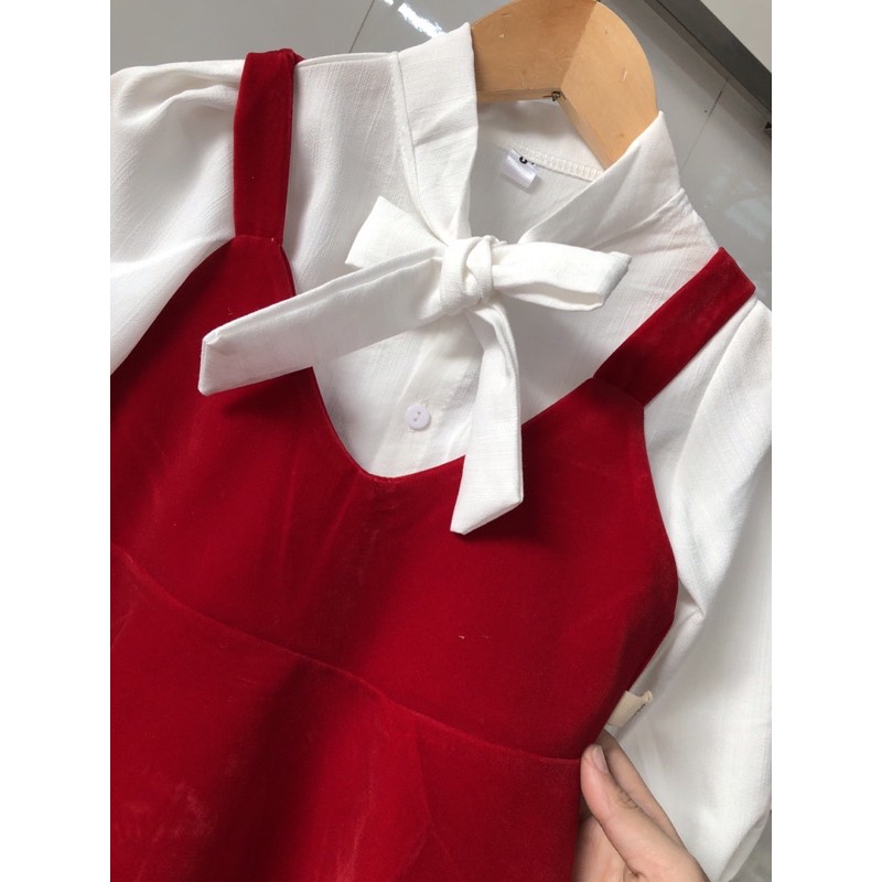 Váy bé gái diện tết yếm nhung đỏ gồm áo trắng, váy yếm và mũ nồi size Nhí 8-36kg XHN482