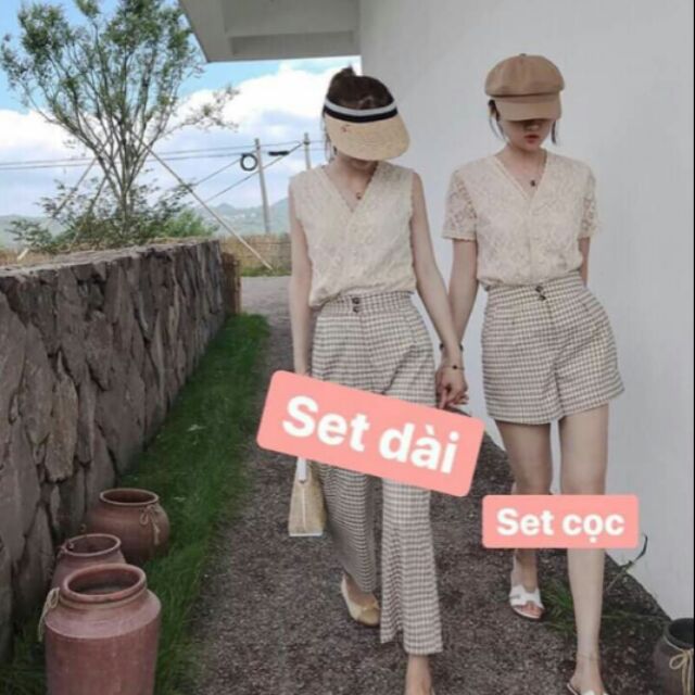 SẴN Set áo sơmi ren quần kẻ cho đôi bạn thân