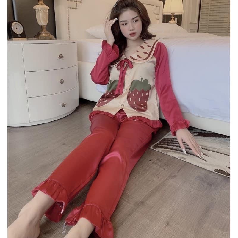 Bộ Ngủ Pijama Lụa Satin Dâu Dài Tay | BigBuy360 - bigbuy360.vn