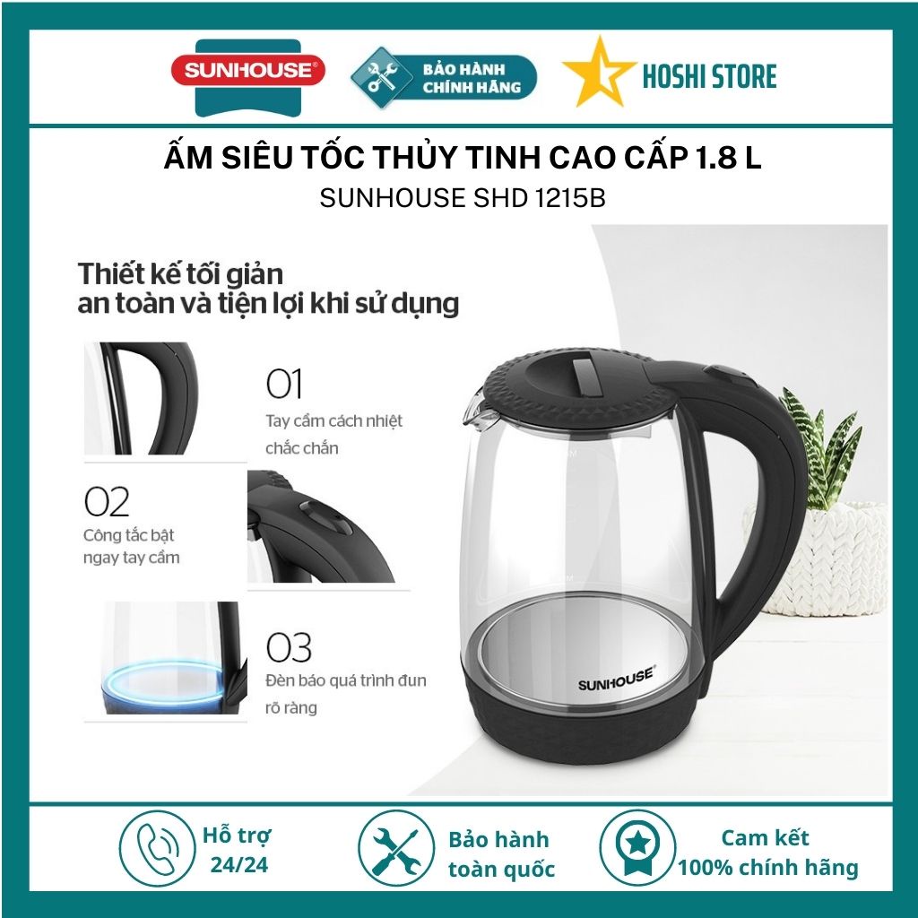 [CAO CẤP] ẤM SIÊU TỐC. BÌNH SIÊU TỐC THỦY TINH CAO CẤP SUNHOUSE SHD1215B, bảo hành toàn quốc 12 tháng