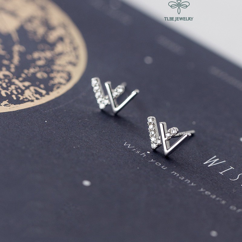 Khuyên tai bạc TLEE chữ W kép nạm đá nửa cao cấp TleeJewelry B0176