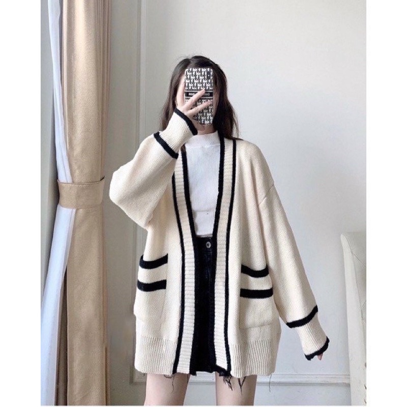 ÁO CARDIGAN, ÁO KHOÁC Nữ Form Rộng  Viền Túi Đen Trắng