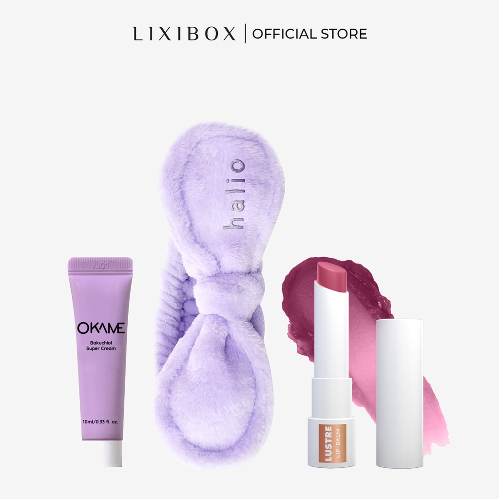 [HB Gift] Son dưỡng Lustre giảm thâm môi - Màu Hubiscus, Kem dưỡng chống lão hóa Okame, Băng Đô Rửa Mặt Halio - Purple