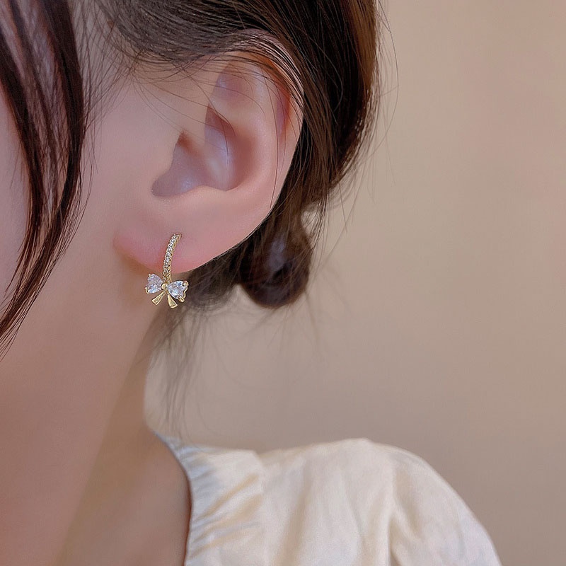 Bông Tai Mạ Bạc 925 Hình Nơ Đính Đá Zircon Sang Trọng