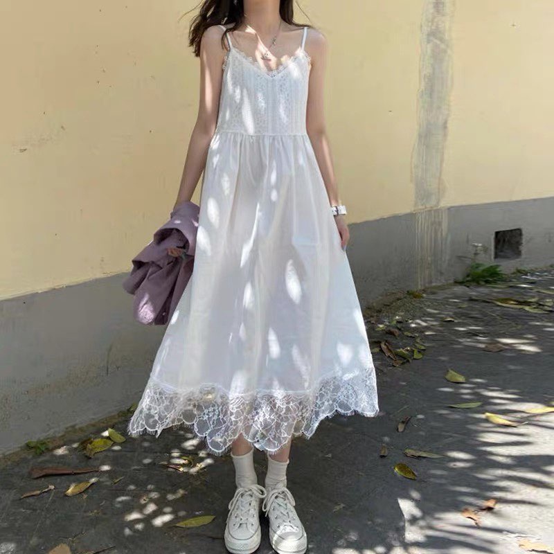 Váy 2 Dây Trắng Phối Ren Tiểu Thư Hai Lớp Chất Thô Thoáng Mát, Labibi