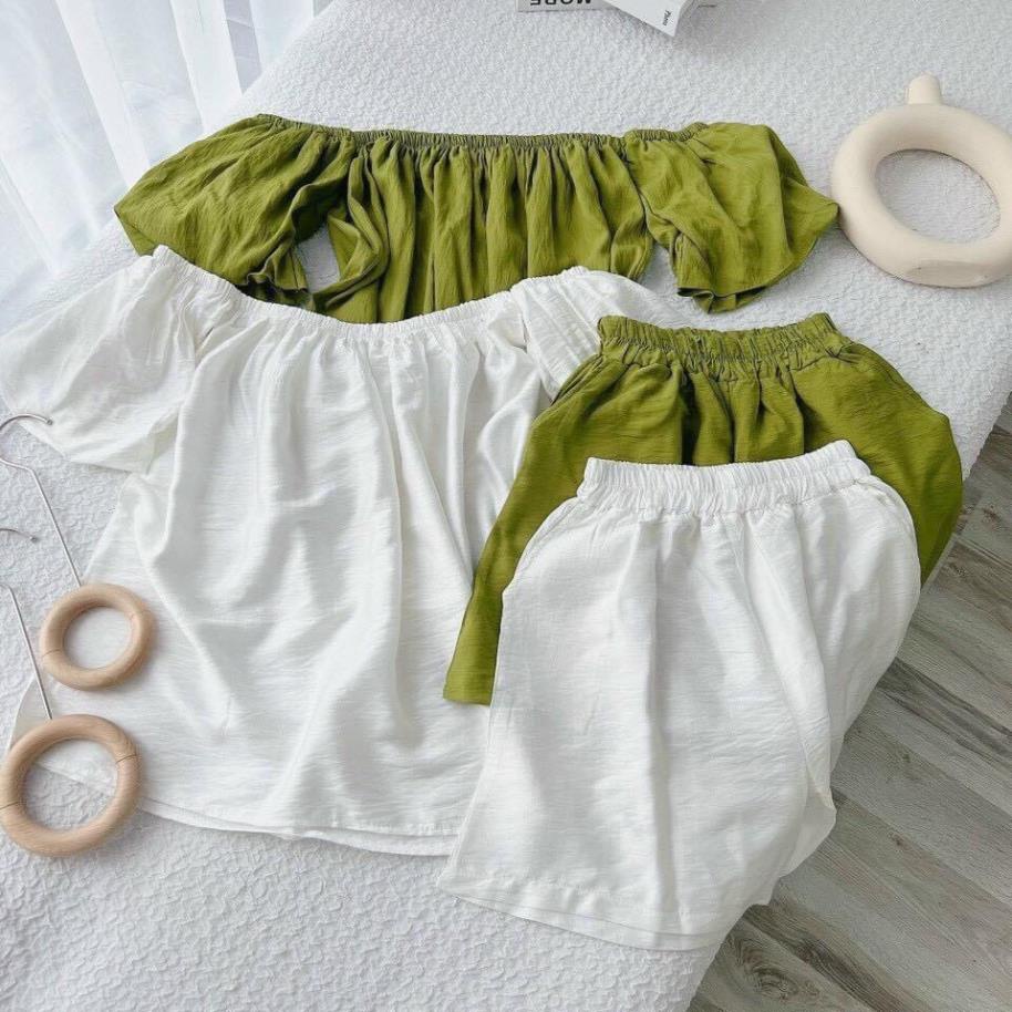 Set bộ đồ nữ đũi xước áo trễ vai trắng xanh phối quần đùi sooc nữ cạp chun freesize phom rộng đi biển chụp ảnh