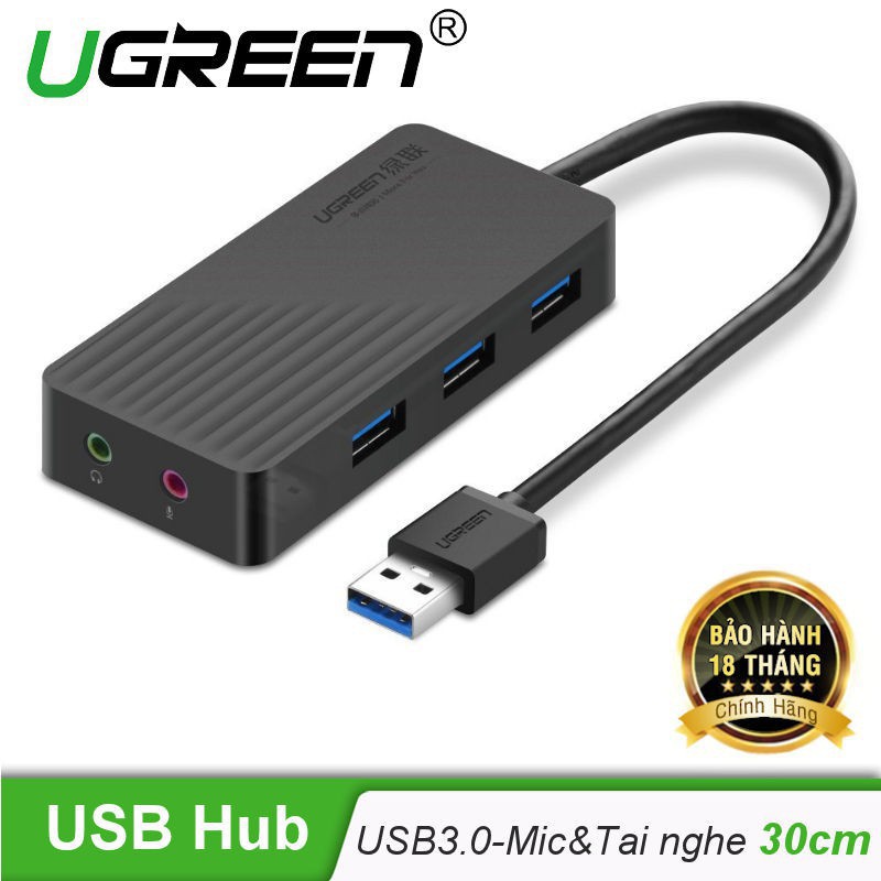 Hub USB 3.0 Tích Hợp USB Sound (Loa &amp; Mic) Ugreen 30420 Chính Hãng màu đen