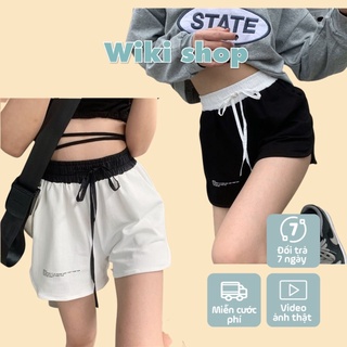 Quần sooc đùi nữ chữ trắng đen Wikishop thể thao basic cạp chun ống suông chất thun co giãn tập yoga gym freesizee C790