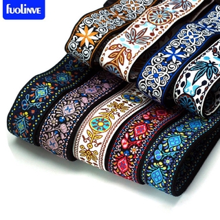 Fo Guitar Strap Embroidered Belt Adjustable Jacquard Band with Leather End for Bass Acoustic Electric Folk Guitar Musical Instrument