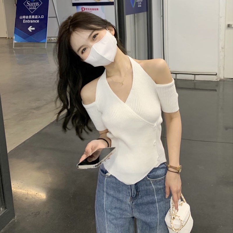 Áo dệt kim Xiaozhainv tay ngắn kiểu hở vai phong cách Hàn Quốc quyến rũ dành cho nữ