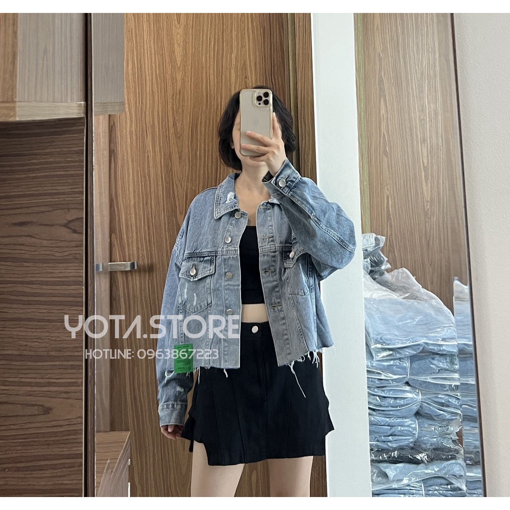 Áo khoác jeans dáng lửng rách gấu - KB18