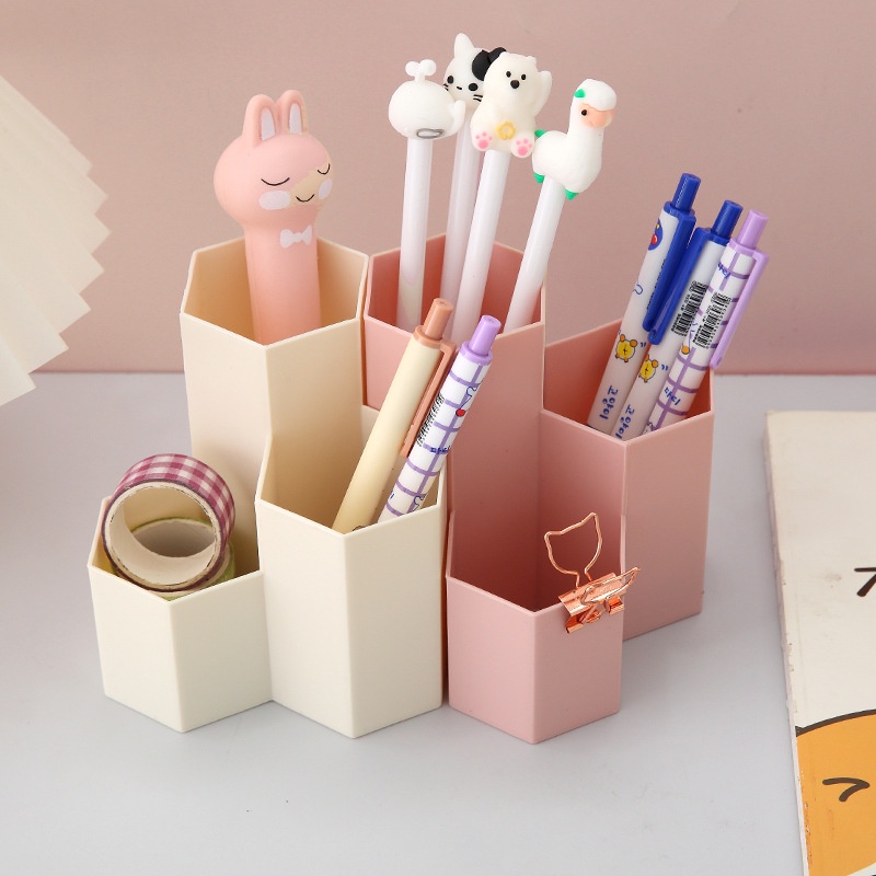 Ống cắm bút cute dễ thương hình lục giác 3 ngăn nhiều màu
