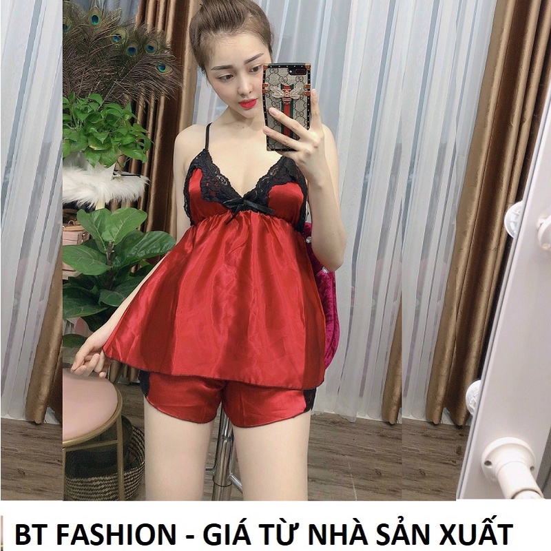 BỘ NGỦ PHI BÓNG 2 DÂĐồ Bộ Mặc Nhà Vải Phi Bóng Mềm Mát - BT Fashion (Phi- REN NGỰC) + + Video, Hình Thật DN01Y PHỐI REN