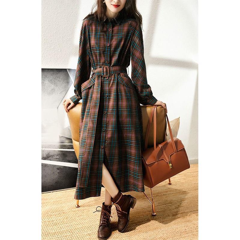 Đầm maxi Tay Dài Dáng Rộng Họa Tiết Kẻ Sọc Phong Cách Hàn Quốc Cổ Điển Size S-XL Thời Trang Cho Nữ