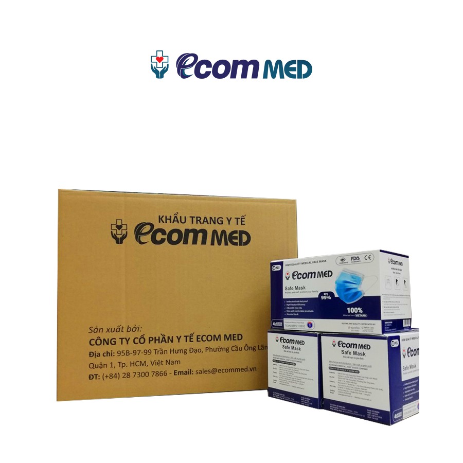 Thùng 12 Hộp Khẩu Trang Y Tế EcomMed 4 Lớp Thông Thoáng Không Đau Tai Kháng Khuẩn 99% - Đạt chuẩn FDA