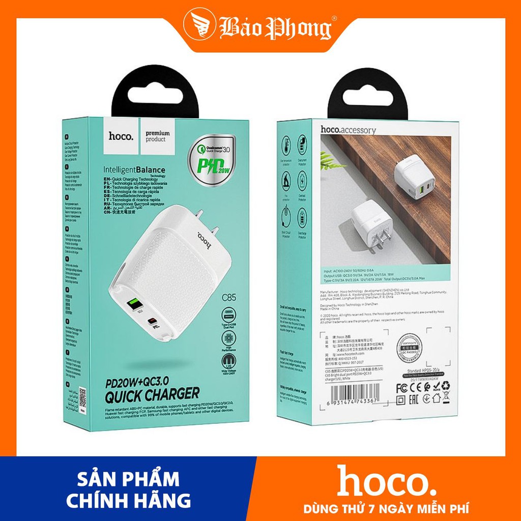 Củ Cốc Sạc Hoco C85 2 cổng Đầu cắm PD20W Hỗ trợ sạc nhanh QC3.0 Dành cho điện thoại iPhone iP Xiaomi Huawei Samsung Oppo