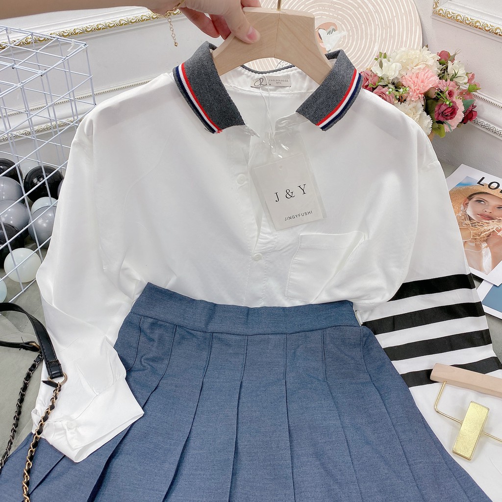 Áo sơ mi nữ Thom Browne cổ Polo đức chất lụa thô phối tay sọc Mẫu mới 2021 | BigBuy360 - bigbuy360.vn