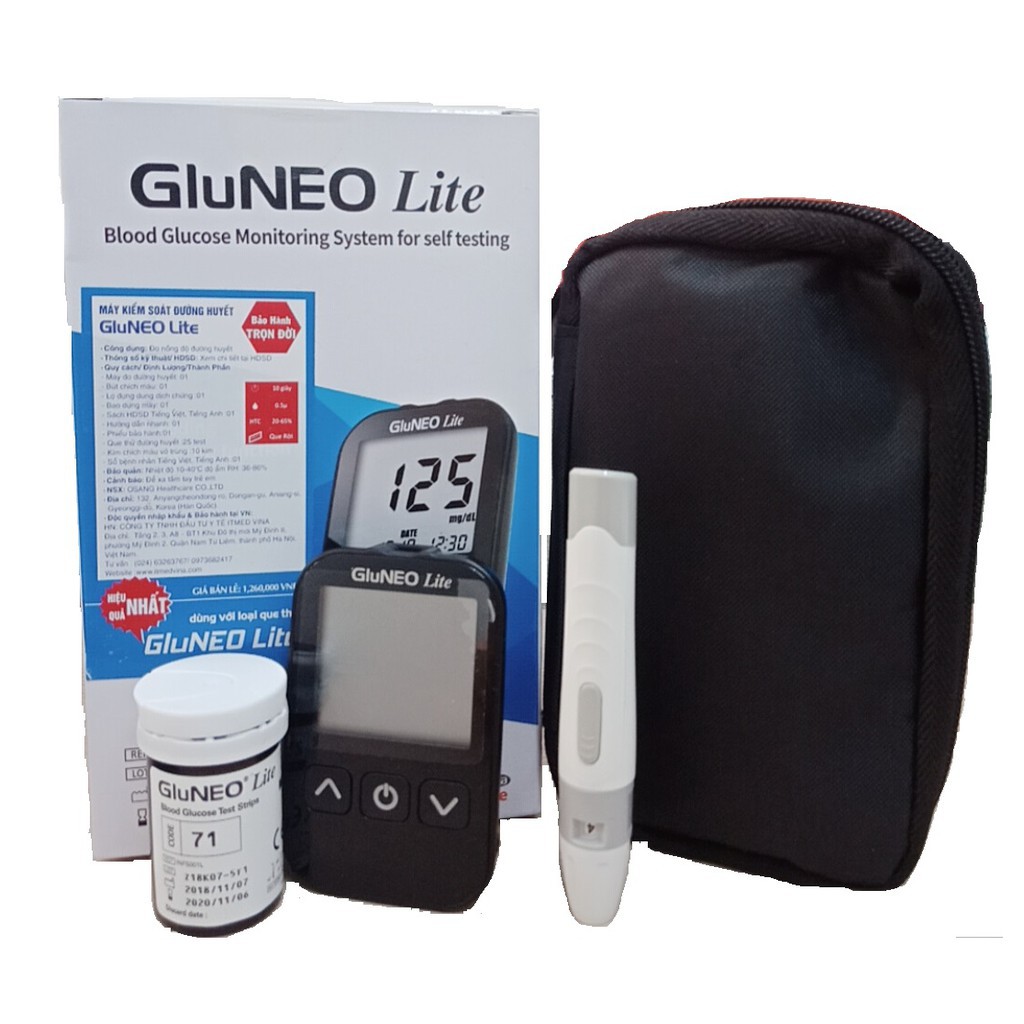 Máy đo đường huyết GluNEO Lite + Tặng 10 que thử và 50 kim chích máu + Tặng thêm áo mưa trong suốt