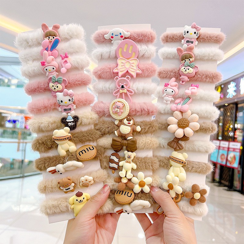 Set 5 Chun Buộc Tóc Dành Cho Nữ Lông Nhung, Đính Icon Siêu Xinh , Siêu Cute