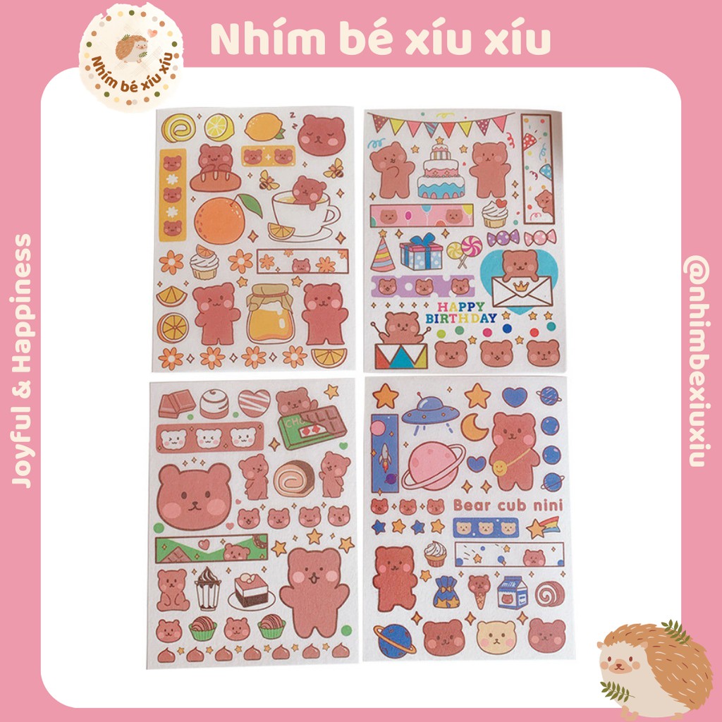 Set 4 tấm sticker gấu thỏ cute (10.2*13.8cm/tấm) 120 chi tiết