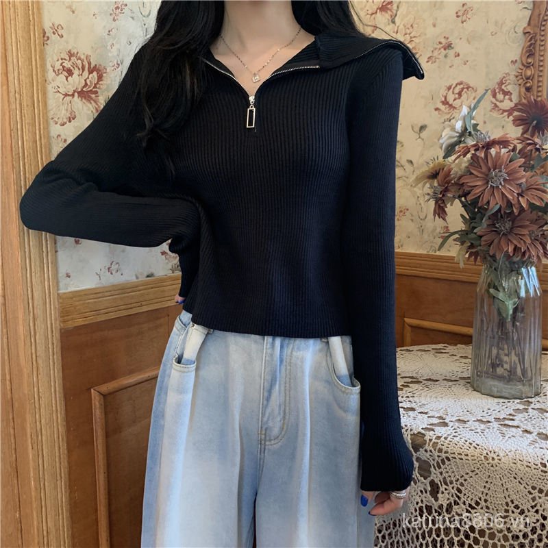 Áo khoác đen dài tay phối khóa kéo phong cách retro Hàn Quốc thời trang mùa thu 2021 cho nữ