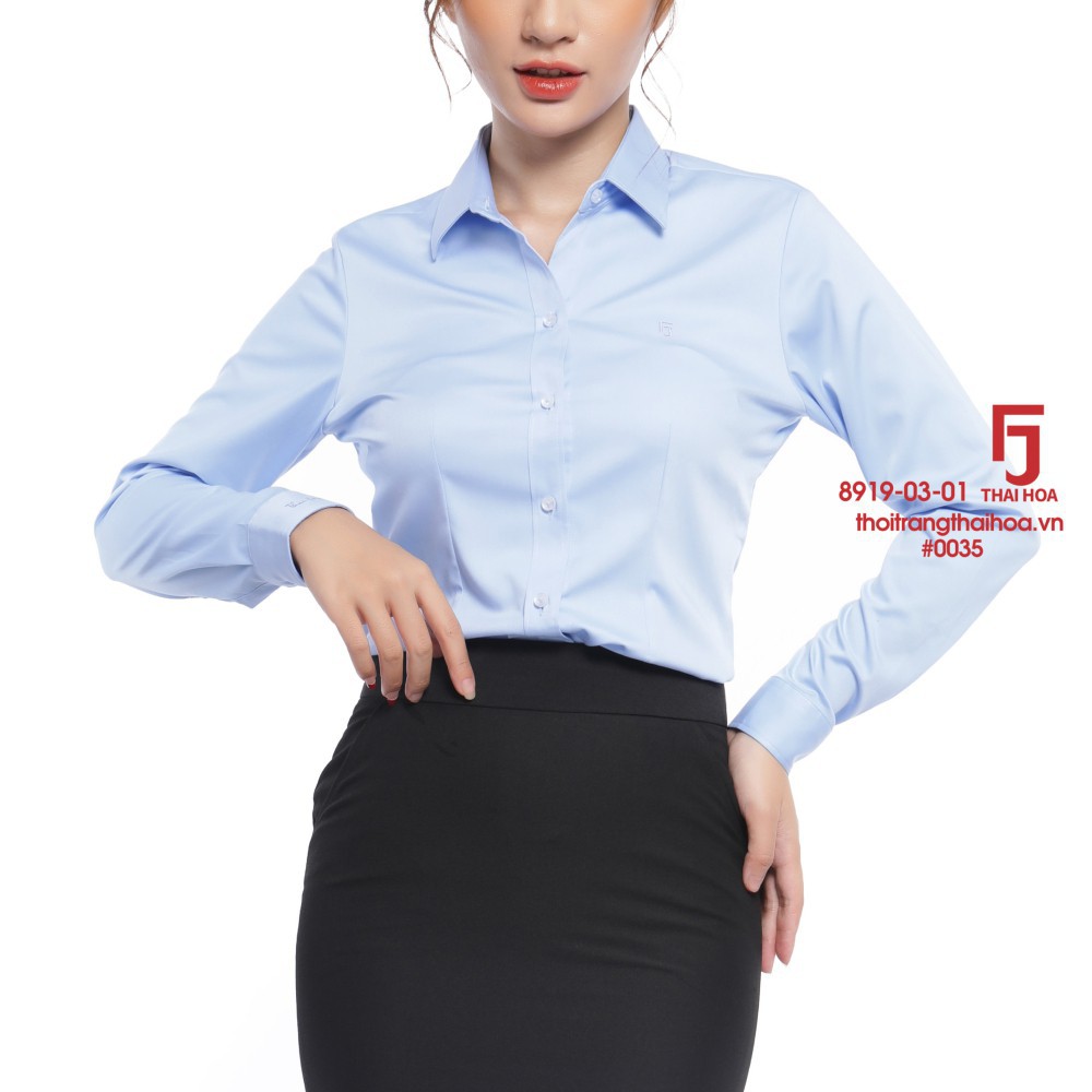 Áo sơ mi nữ dài tay đẹp kiểu công sở cao cấp màu xanh dương sợi tre Thái hoà 8919-03-01