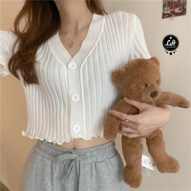 Áo croptop nữ freesize len gân siêu co giãn kiểu 3 nút mềm mịn Ms 06