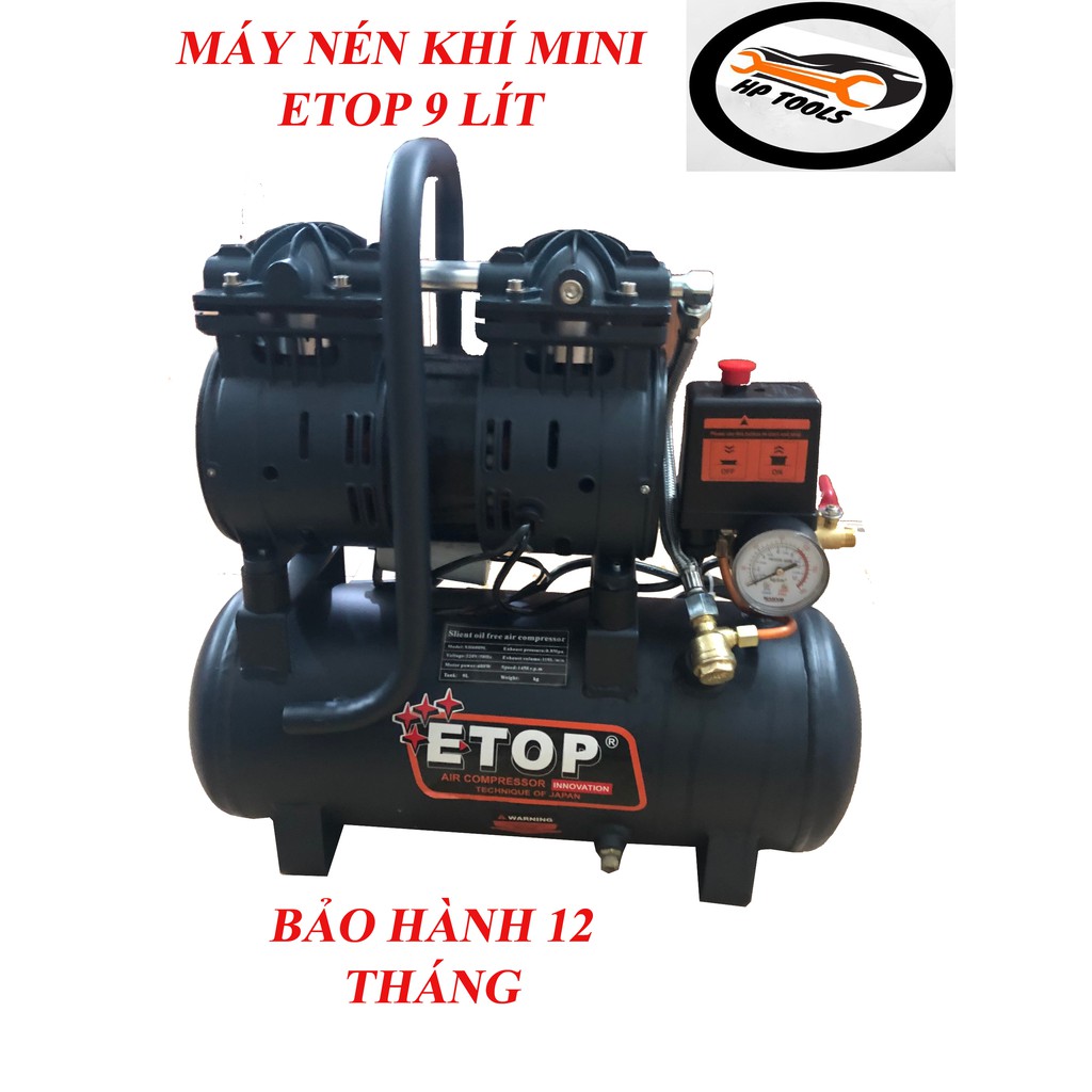 Máy Thổi Hơi nén khí sạch giảm âm không dầu mini ETOP 9L-Công suất 600W-Tặng kèm dây xoắn hơi 9m và xì khô