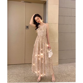 Hàng nhập - Đầm maxi kim sa hở lưng đan dây chéo sang chảnh - D42265