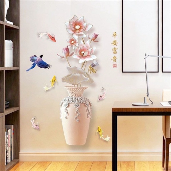Decal Dán Tường 3D Tranh Decor Trang Trí Nhà Bình Hoa Sang Trọng Khổ Lớn