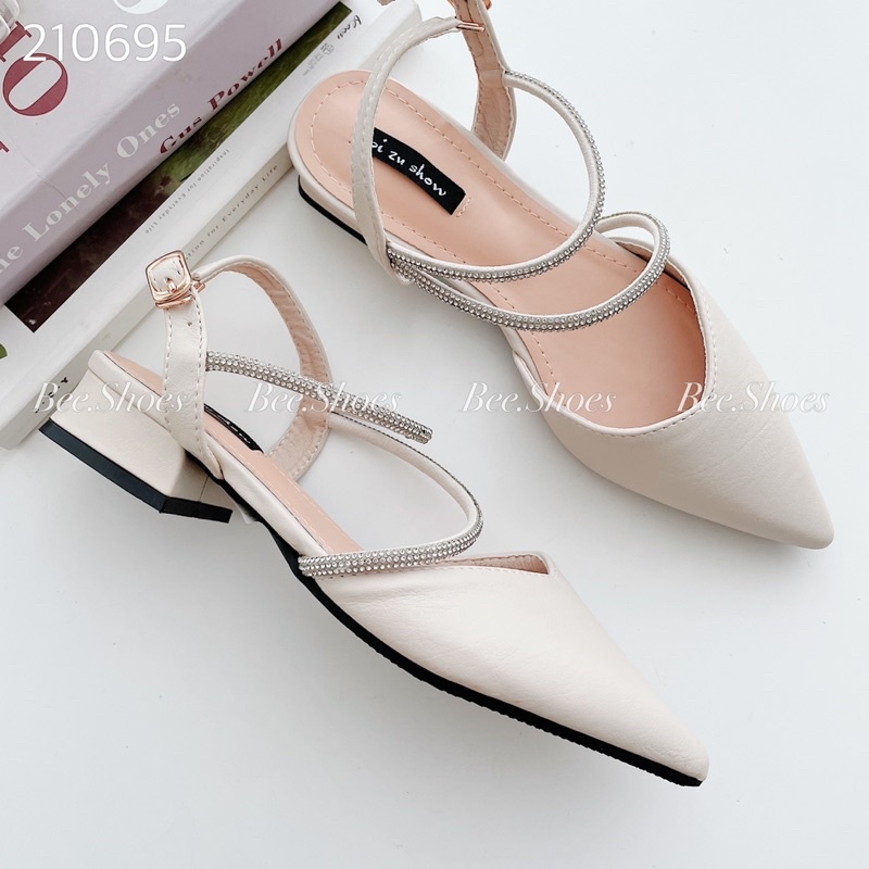 BEESHOES- GIÀY CAO GÓT MŨI NGỌN ĐẾ TRỤ CAO 5 PHÂN - GIÀY CAO GÓT DA MỀM DỄ ĐI ÊM CHÂN DÂY QUAI ĐÁ SẴN MÀU ĐEN -KEM 21069