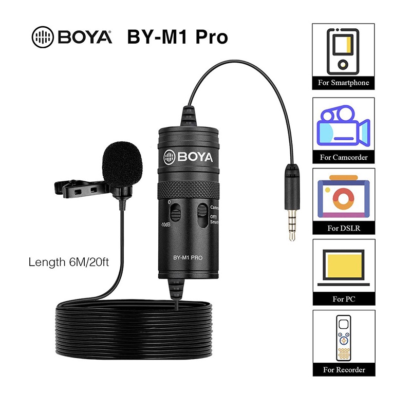 [Mã ELHACE giảm 4% đơn 300K] Micro Cho Máy Quay, Máy Ảnh DSLR, Điện Thoại Di Động, Dây Dài 6m Boya BY-M1 Pro