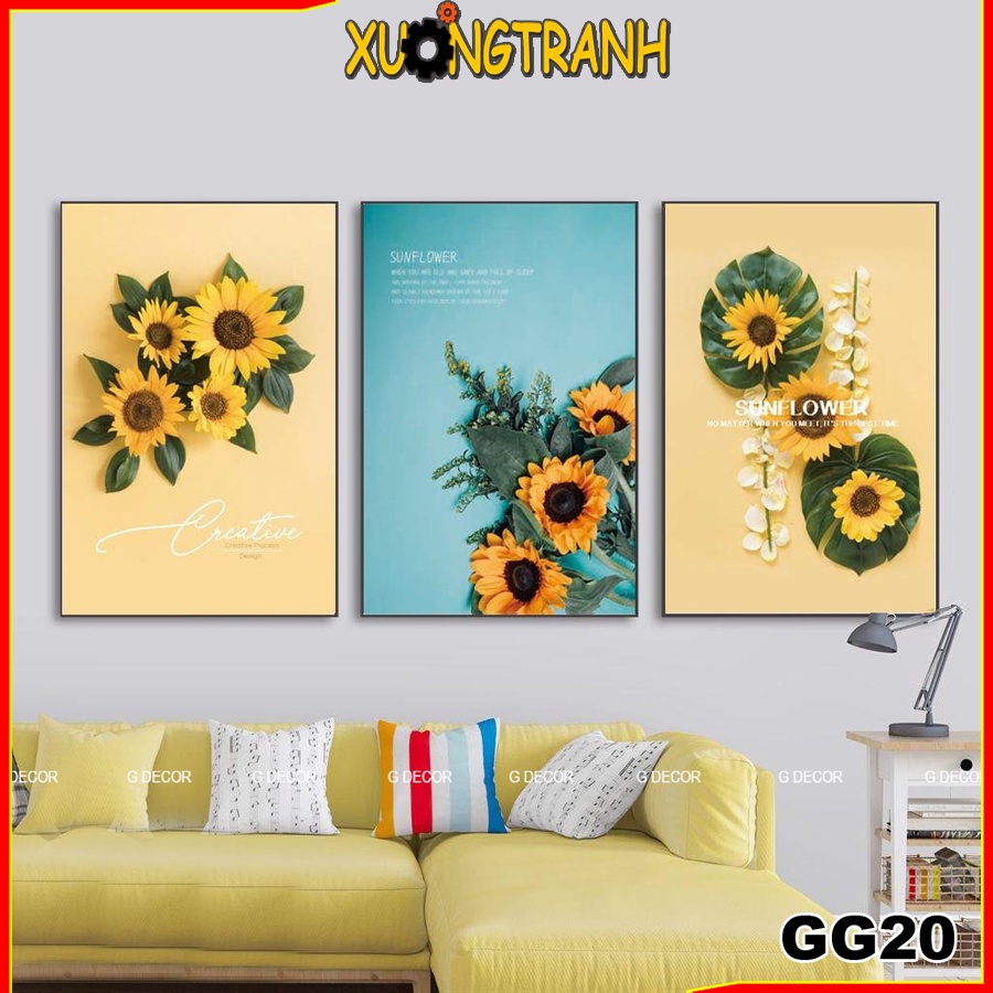 Tranh treo tường canvas 3 bức phong cách Bắc Âu 20, tranh hoa hướng dương trang trí phòng khách, phòng ngủ, phòng ăn,spa