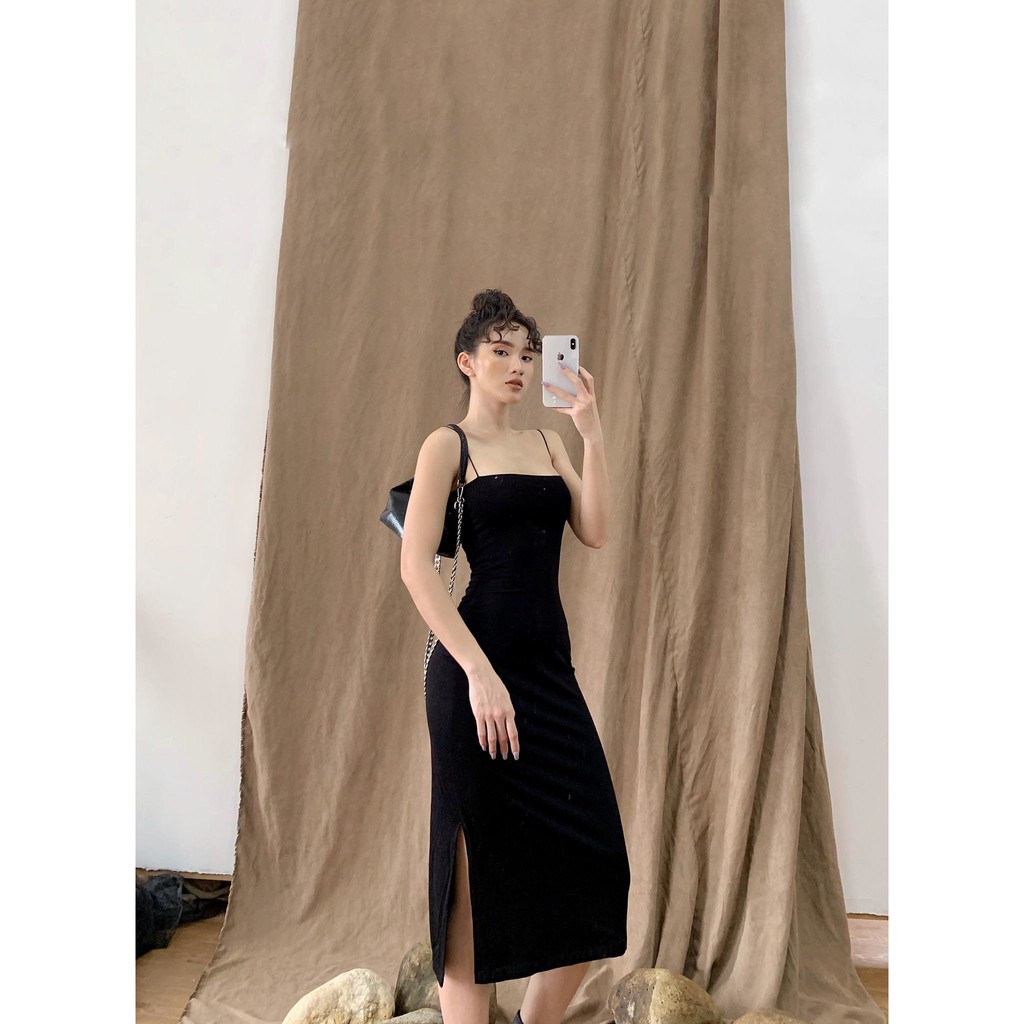 Váy Hai Dây Dài BUSY Thun Dẻo Hai Lớp Co Giãn Xẻ Vạt VHDD | BigBuy360 - bigbuy360.vn