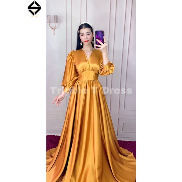 Đầm maxi dạ hội TRIPBLE T DRESS tay dài bo cổ tay xẻ đùi - size M/L - MS415V