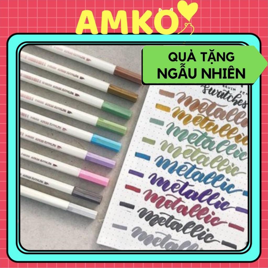 Bút Lông Mềm Brush Metallic Sta Nhỏ 10 Màu Mực Nhũ Kim Tuyến Đầu Chất Lượng Cao - Viết Calligraphy Sắc Nét AMKO B08