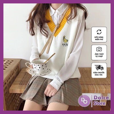 Áo gile nữ chất liệu len hàn mềm mại, thêu họa tiết hình chuối siêu xinh - Dolce Len02