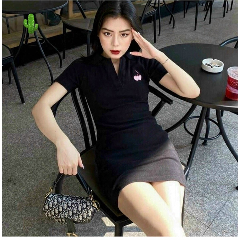 đầm sang chảnh cổ bẻ xinh thêu cherry hot hit