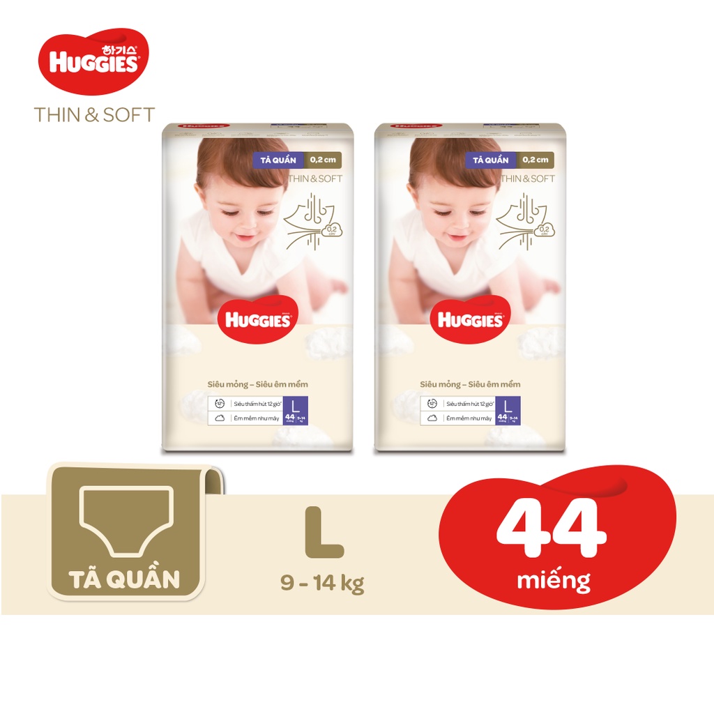 [Mã MKBHUGBU giảm 12% đơn từ 400K] Combo 2 Tã quần Hàn Quốc Huggies Thin &amp; Soft mỏng tàng hình size L - 44 miếng