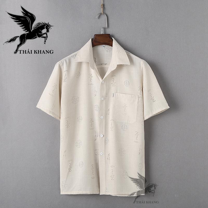 Áo sơ mi nam form rộng trung niên họa tiết in chìm vải đũi siêu mát loại áo sơ mi trung niên ngắn tay OG52 | BigBuy360 - bigbuy360.vn