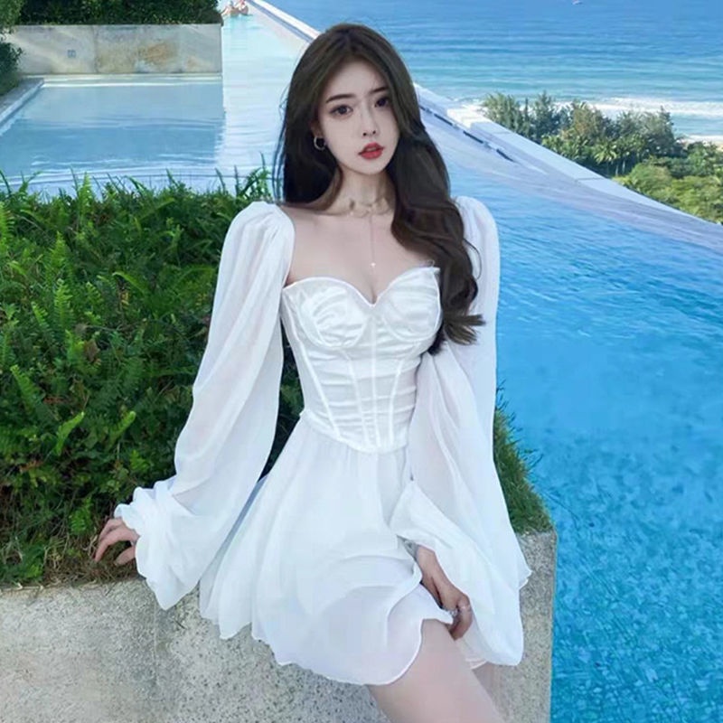 Đầm dài tay cổ vuông ngắn phong cách xinh xắn dành cho nữ