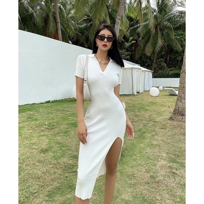 Đầm body trắng thun gân xẻ tà