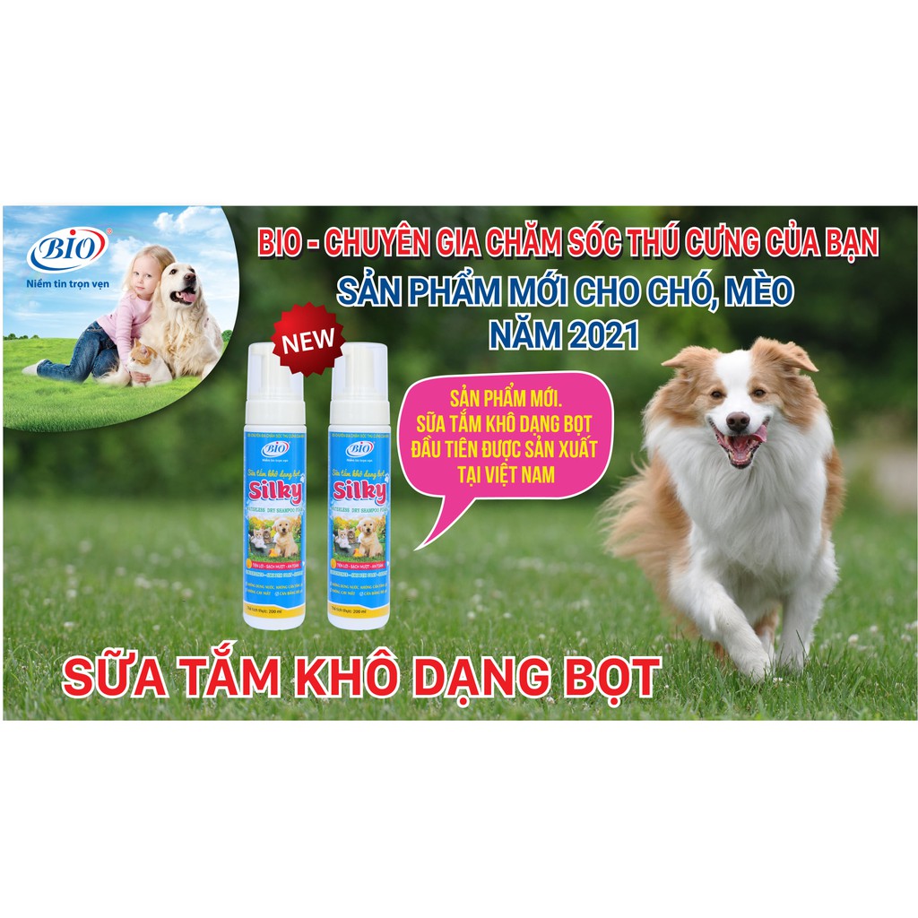 Sữa tắm khô chó mèo Bio silky 200ml, xà phòng bọt tắm không dùng nước du lịch cho cún mèo Con Mèo Xiêm