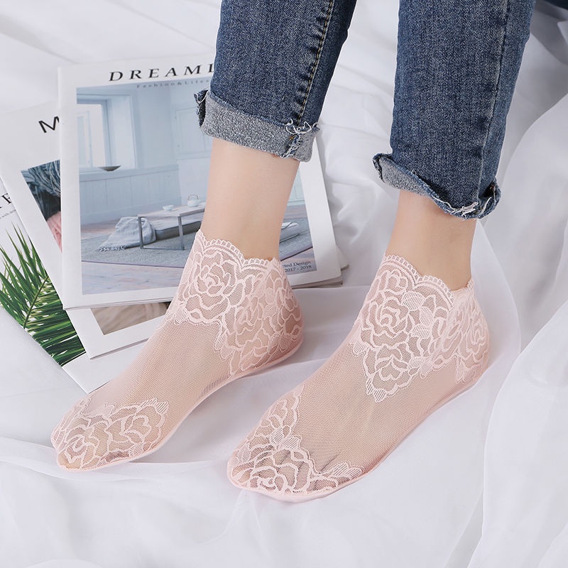 1 Đôi Tất Lưới Ren Hoa Mỏng Co Giãn Chống Trượt Cho Nữ