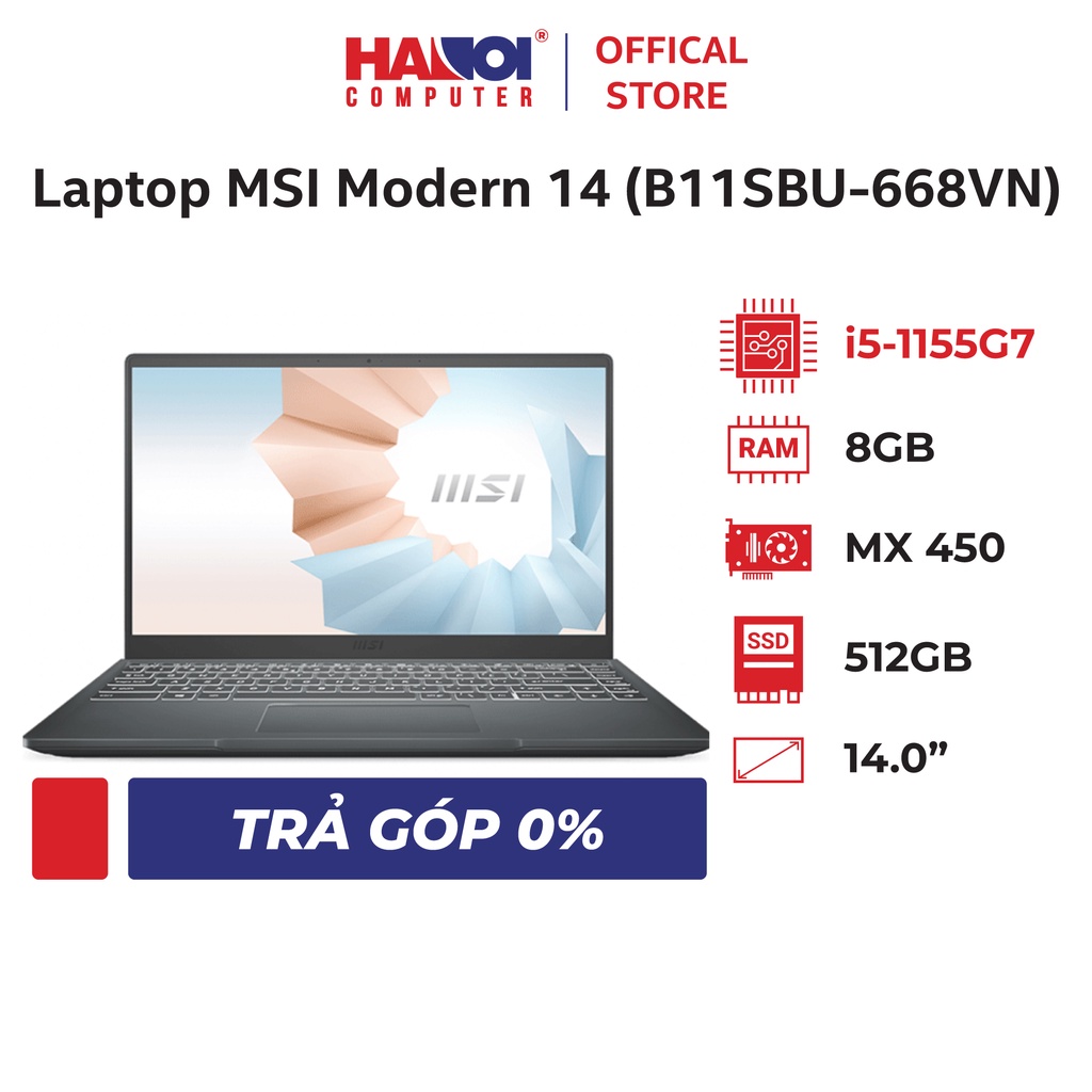 Laptop MSI Modern 14 (B11SBU-668VN) (i5-1155G7/8GB RAM/512GBSSD/MX450 2GB/14 inch FHD/Win 10/Xám) (2021)