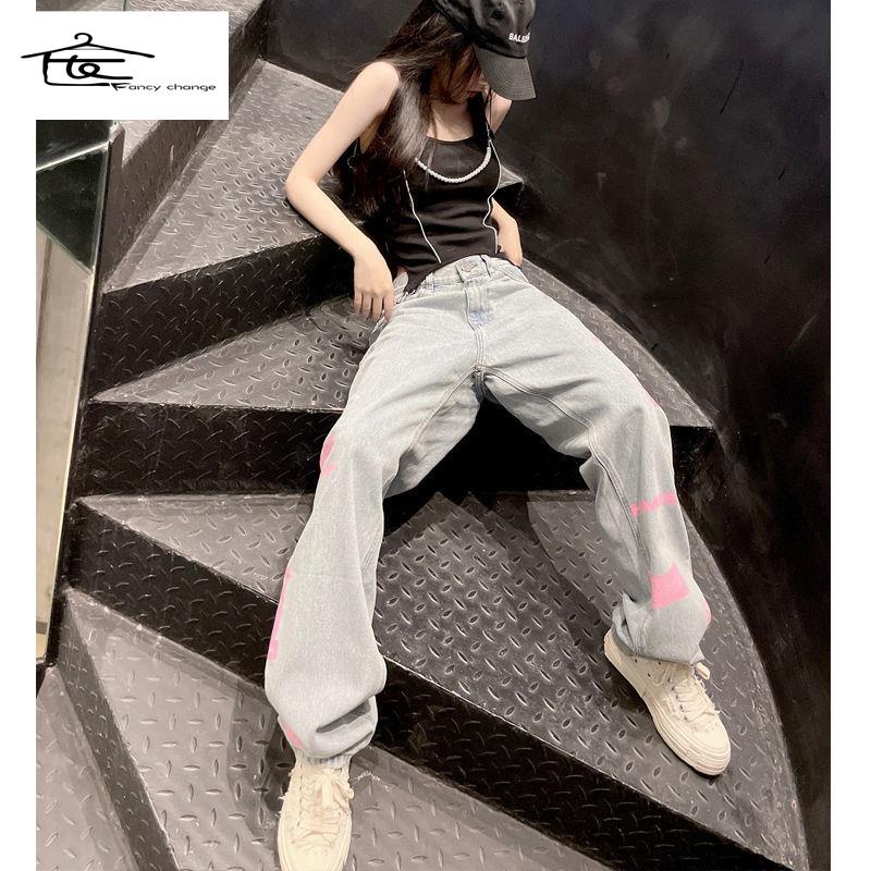 Quần Jean Dài Dáng Rộng In Họa Tiết Graffiti Kiểu Retro Đường Phố Cá Tính Cho Nữ