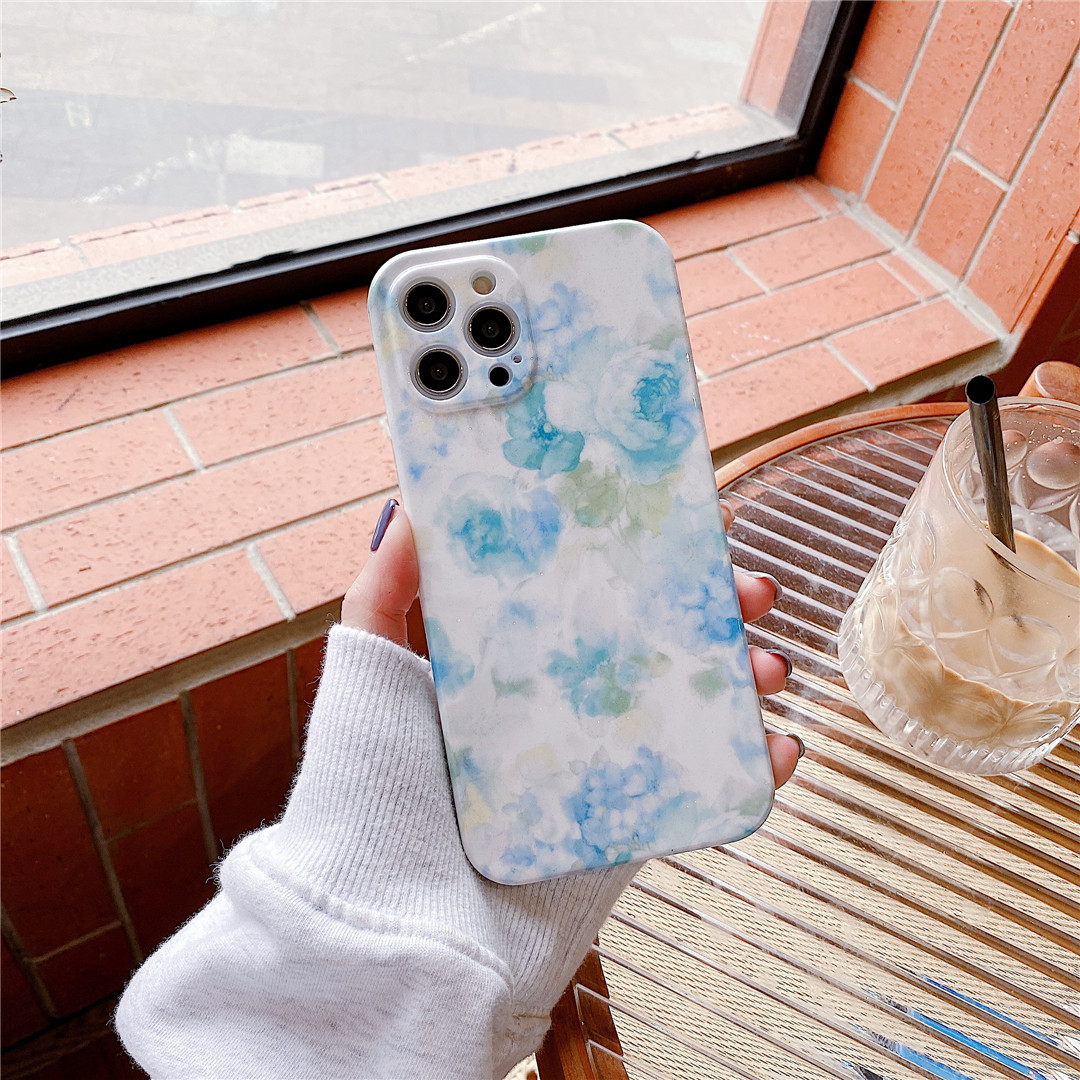 Ốp điện thoại nhựa dẻo in hình glitter hoa màu xanh dương cho iPhone12 mini 11 PRO MAX 7/8plus SE2020 X/XS XR XSMAX