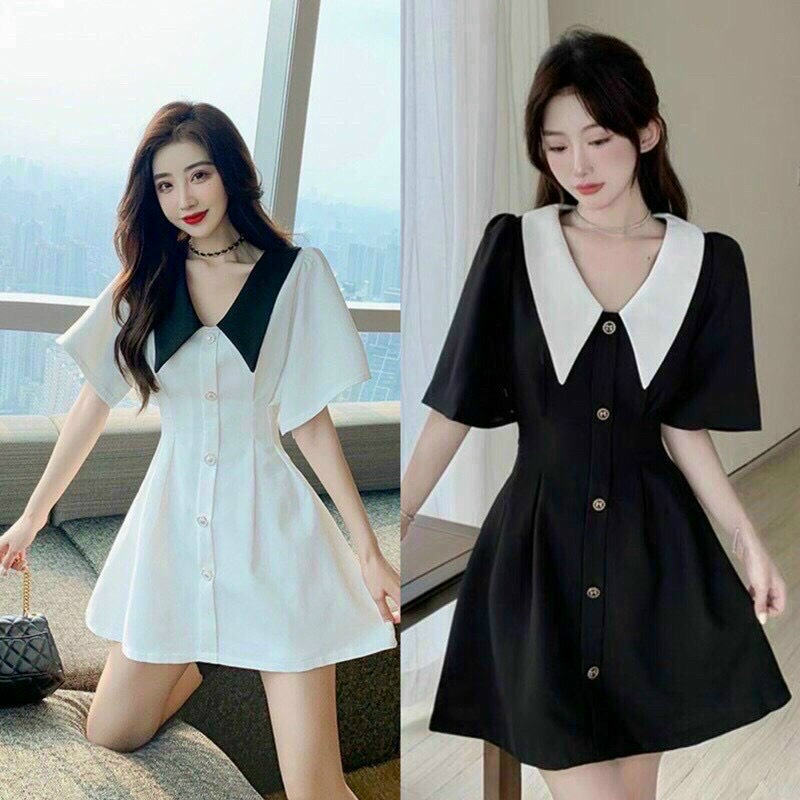 [ Miễn Phí Ship 2022 ] Đầm kiểu cổ cánh bướm phối cúc, đầm nữ kate kiểu dáng Hàn Quốc