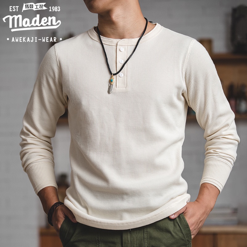 MADEN Tooling Vintage Waffle Henry Shirt Ami Khaji Solid Color Retro Long Sleeve T-Shirt
