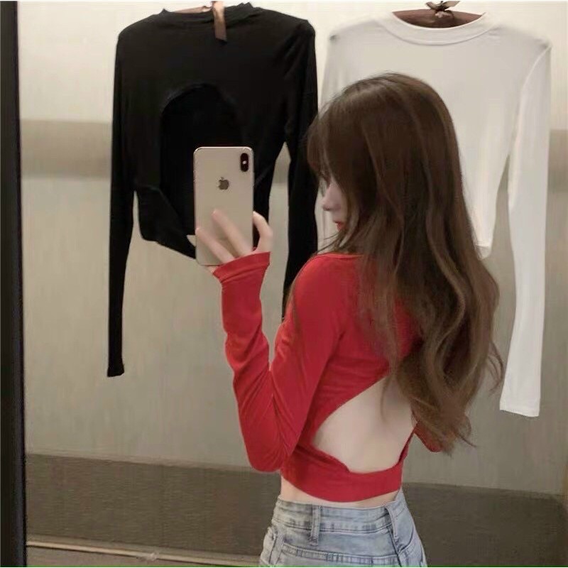 Áo kiểu croptop tay dài hở lưng kx